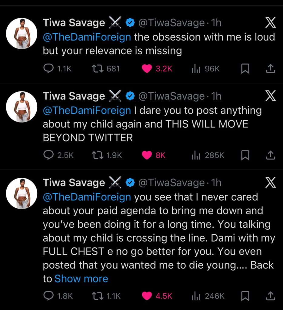Tiwa Savage warns Dami Foreign